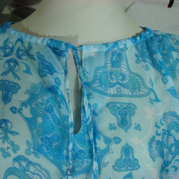 Sheer Blue Tones Open Long Sleeve Boho Mehndi Style Floral Side Slit Cover Up - Picture 10 of 16